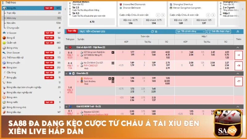 Sa88 đa dạng kèo cược từ châu Á tài xỉu đến xiên live hấp dẫn